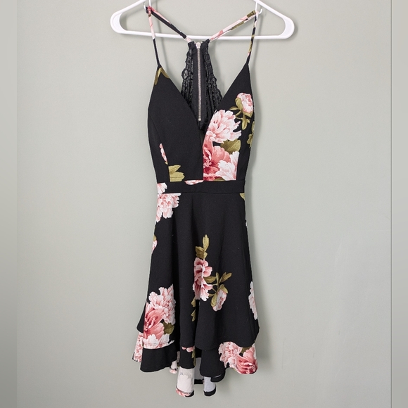 Emerald Sundae Black and Pink Floral Mini Dress - Picture 1 of 4